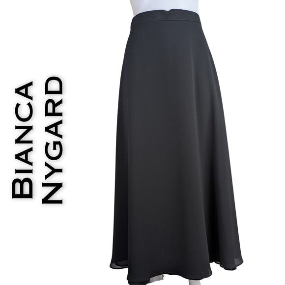 Bianca Nygard VTG Black Midi Flare Wrap Skirt Sheer Overlay Dressy Party Sz 16 - Picture 1 of 10